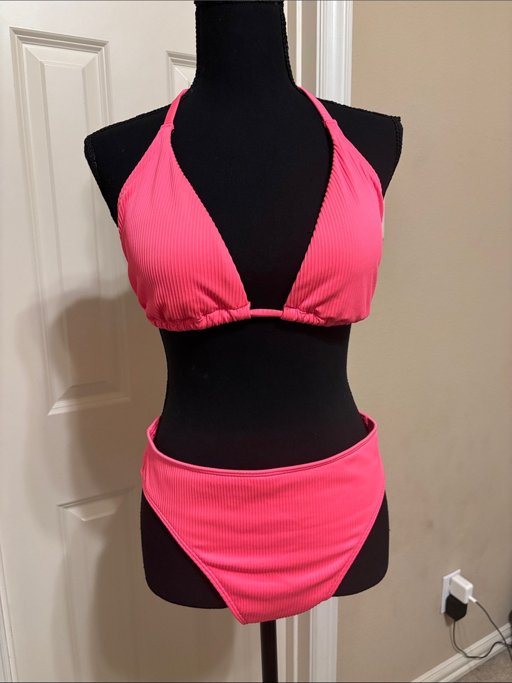 Hollister Ribbed Neon Pink Halter Bikini Set